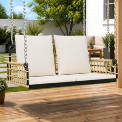 Swing Bench with Cushions Outdoor Garden Seating Poly Rattan Steel Frame Brown