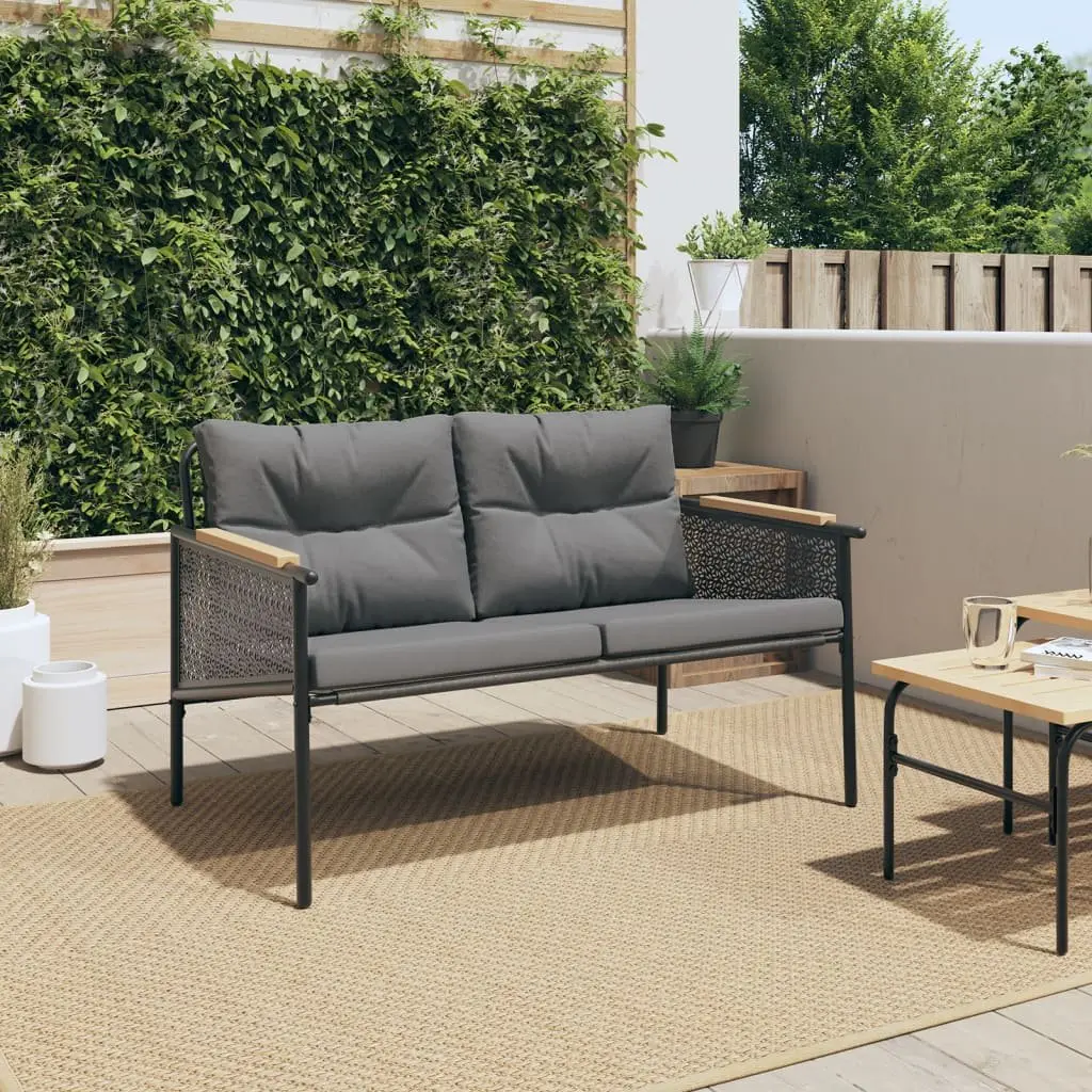 Garden Bench with Cushions 116cm Outdoor Seating Steel Frame Black