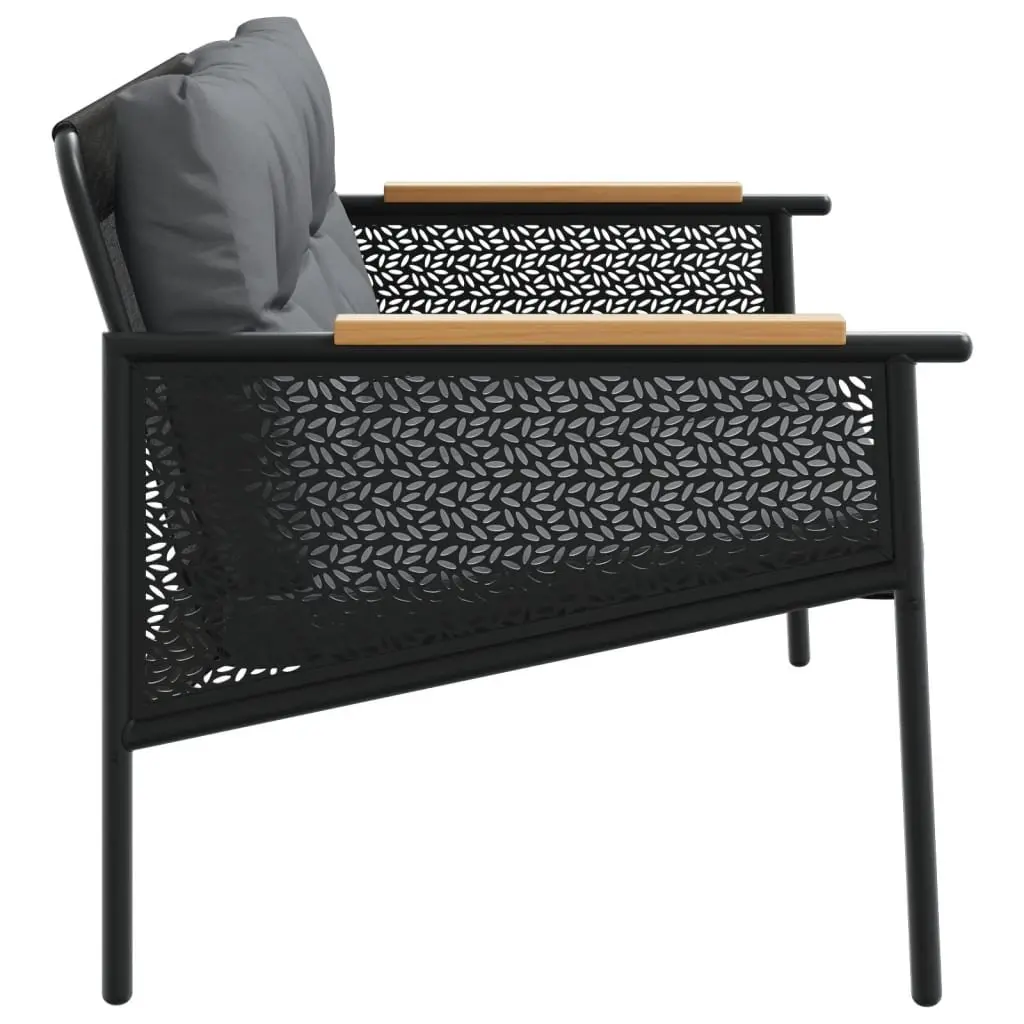 Garden Bench with Cushions 116cm Outdoor Seating Steel Frame Black