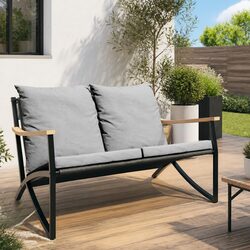 Garden Bench with Cushions 120cm Outdoor Seating Steel Frame Black