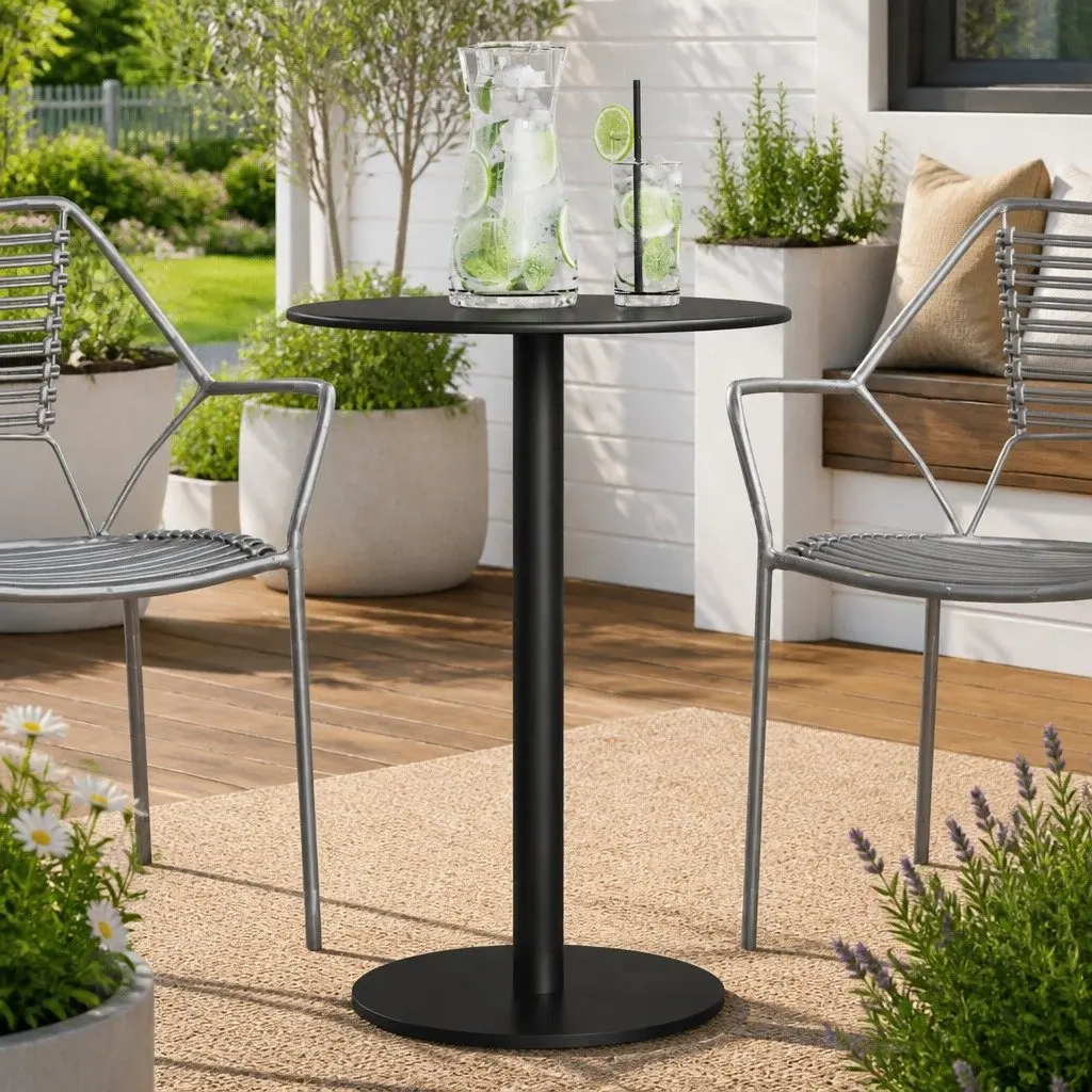 Round Outdoor Table Black Steel Frame 50cm Diameter 72cm Height