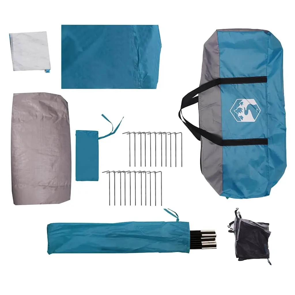 Camping Tent Tunnel Waterproof 4-Person Blue Fibreglass Poles Easy Setup