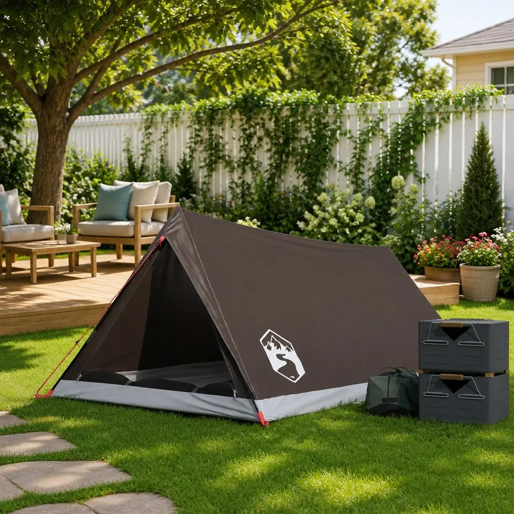 Camping Tent Waterproof 2-Person Brown Mosquito Protection Mesh Ventilation