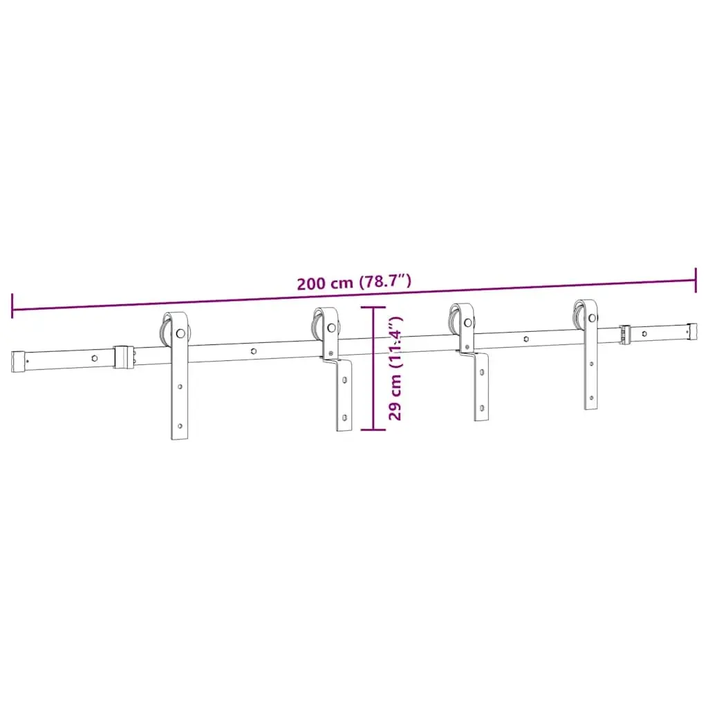 Sliding Door Hardware Kit Powder-Coated Steel 200cm Black Track Rail System with Rollers