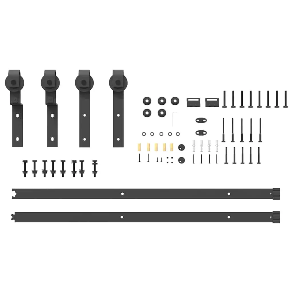 Sliding Door Hardware Kit Powder-Coated Steel 200cm Black Track Rail System with Rollers