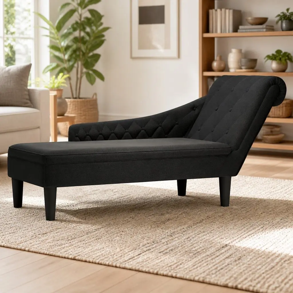 Chaise Lounge Chair Black Fabric Right Armrest with Lumbar Pillow for Living Room