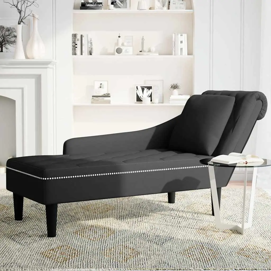 Chaise Lounge Velvet Upholstered Black with Button Tufting and Lumbar Pillow