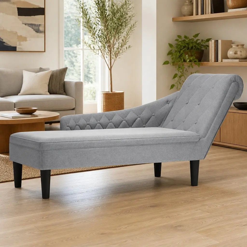 Chaise Lounge Sofa Right Armrest Button Tufted Light Grey Fabric Upholstery with Lumbar Pillow