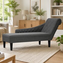 Chaise Lounge Chair Grey Fabric Right Armrest Lumbar Pillow Living Room
