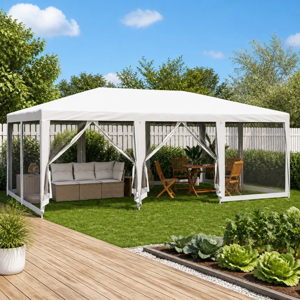 Party Tent Outdoor Gazebo Heavy-Duty Iron Frame 6x4m White Mesh Sidewalls