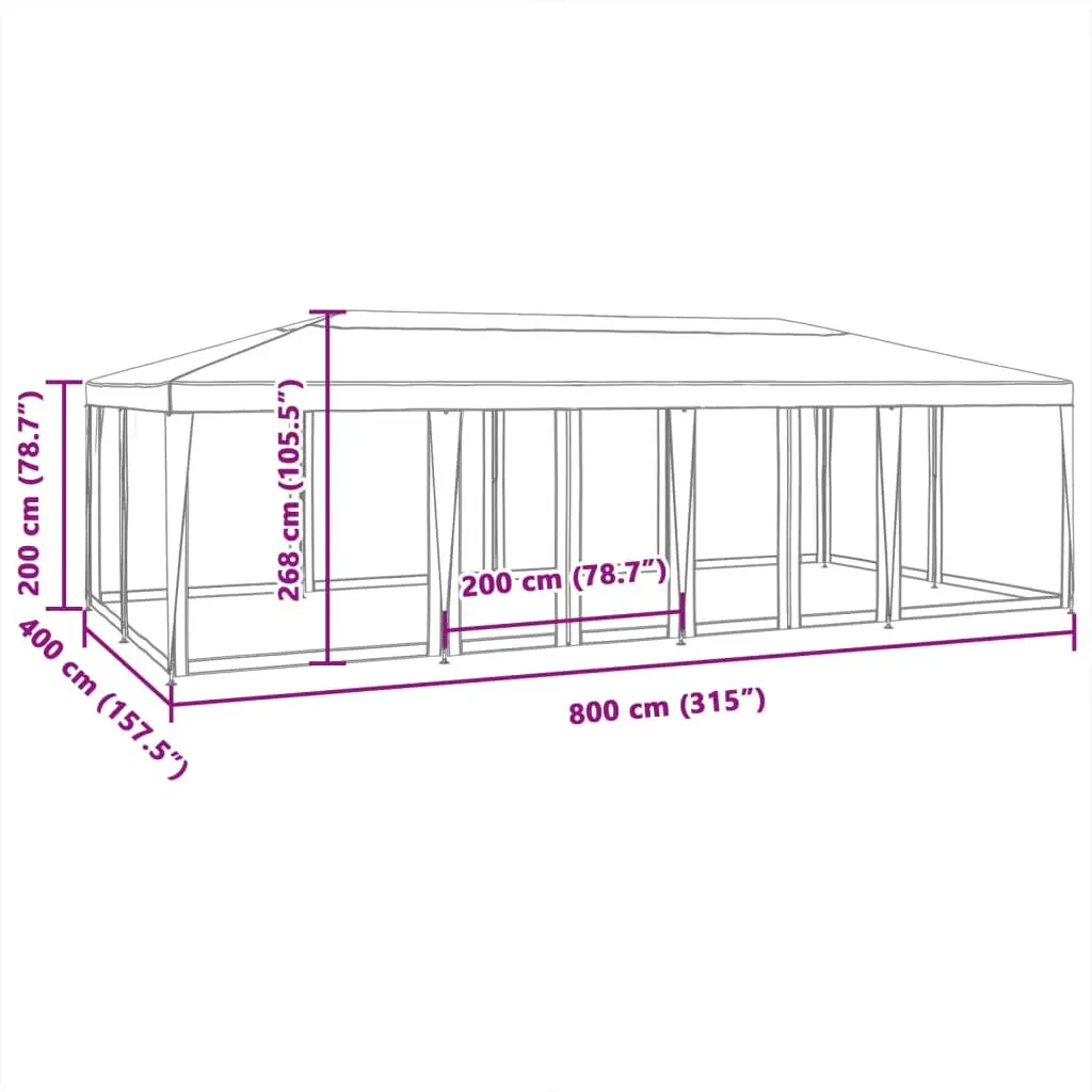 Party Tent Heavy-Duty Iron Frame 8x4m with 12 Mesh Sidewalls Water-Resistant Roof