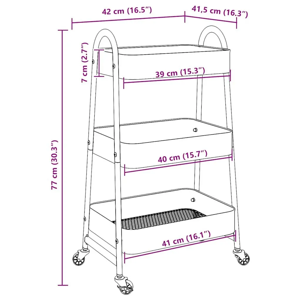 Storage Trolley 3-Tier Mobile Kitchen Organiser Cart White Steel Frame