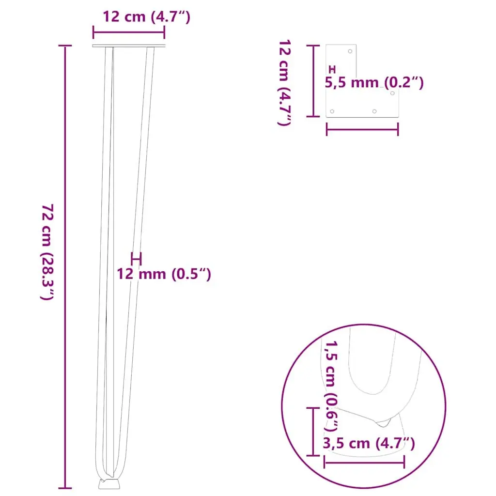 Hairpin Table Legs Adjustable Black Steel 72cm Set 4 Pieces