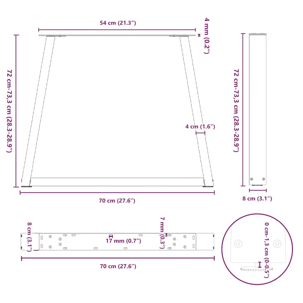 Dining Table Legs V-Shape Steel Black 70x72-73.3cm Adjustable Levellers 2pcs