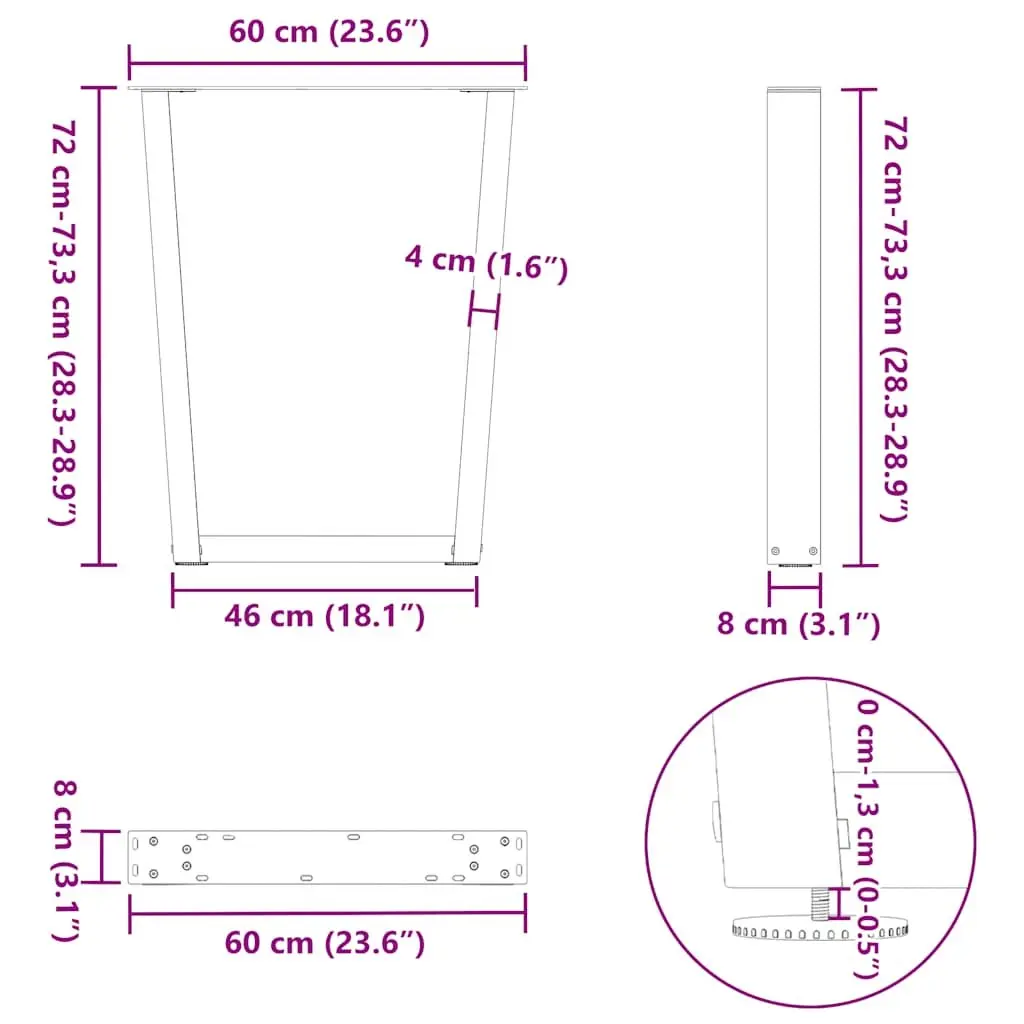 V-Shape Dining Table Legs Steel Pair Black 60x72-73.3cm Modern Design Adjustable