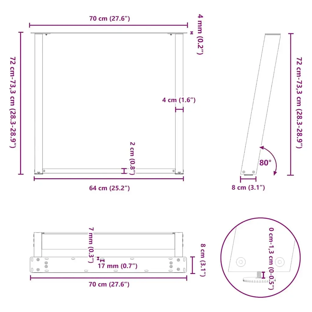 Dining Table Legs U-Shaped Black Steel 70x72-73cm Adjustable Levelers 2 pcs
