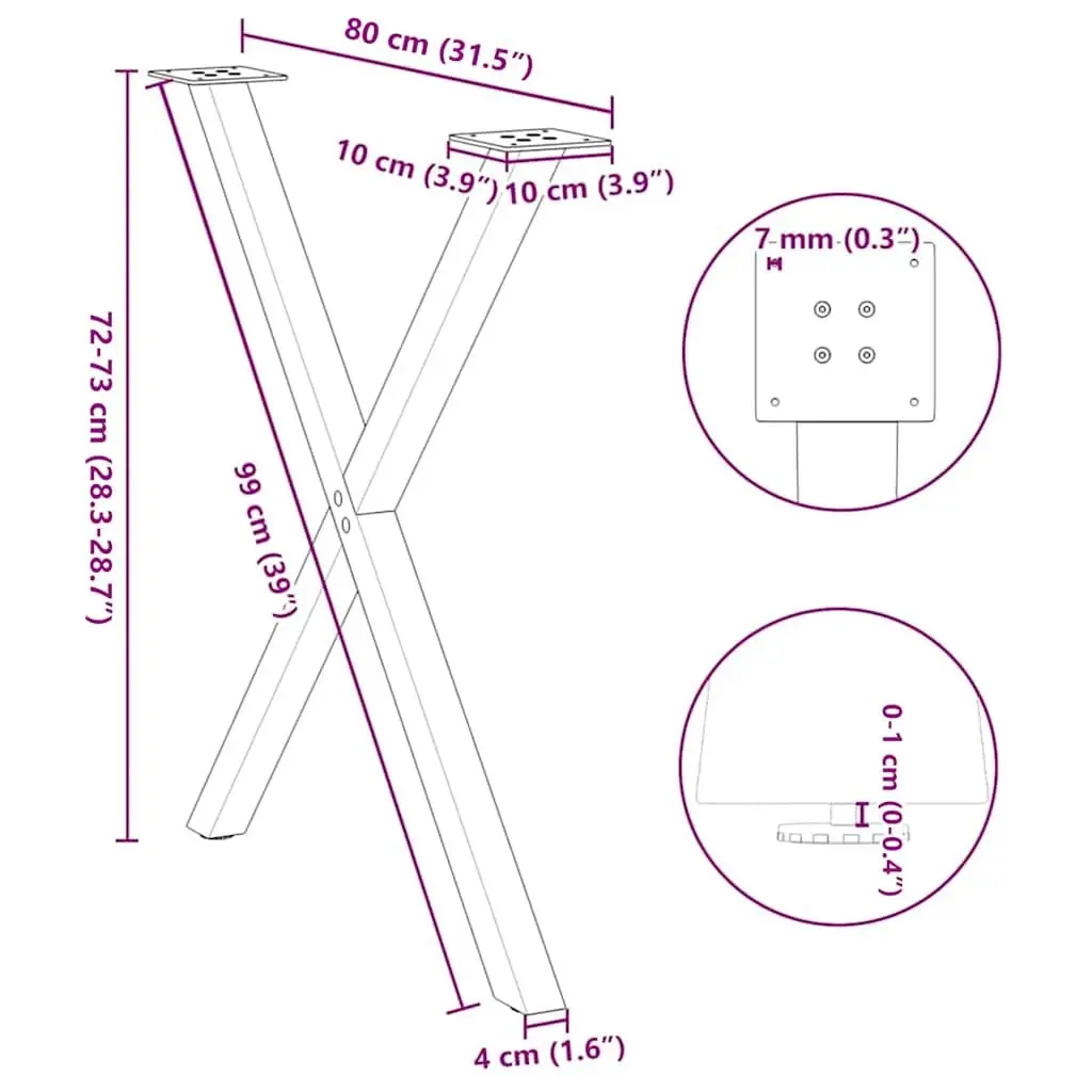 X-Shaped Dining Table Legs Black Steel 80cm Height Set of 2