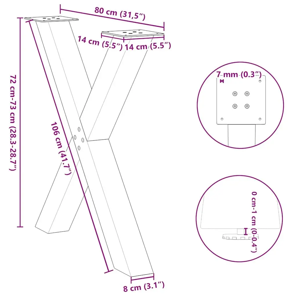 X-Shaped Dining Table Legs Steel 2 pcs Black Adjustable Feet Heavy Duty Support
