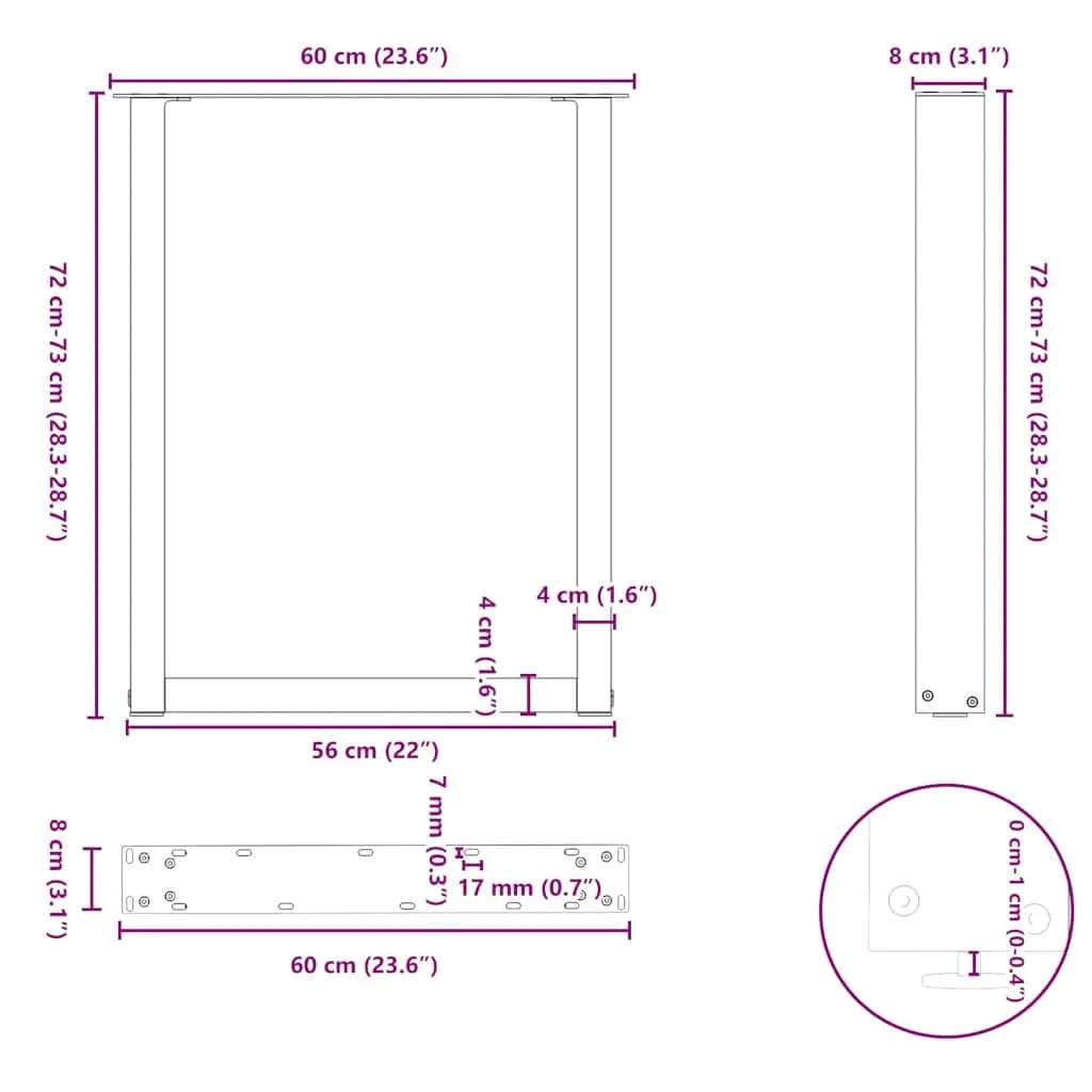U-Shaped Steel Dining Table Legs Adjustable Levelers Black 60x72-73cm Set of 2