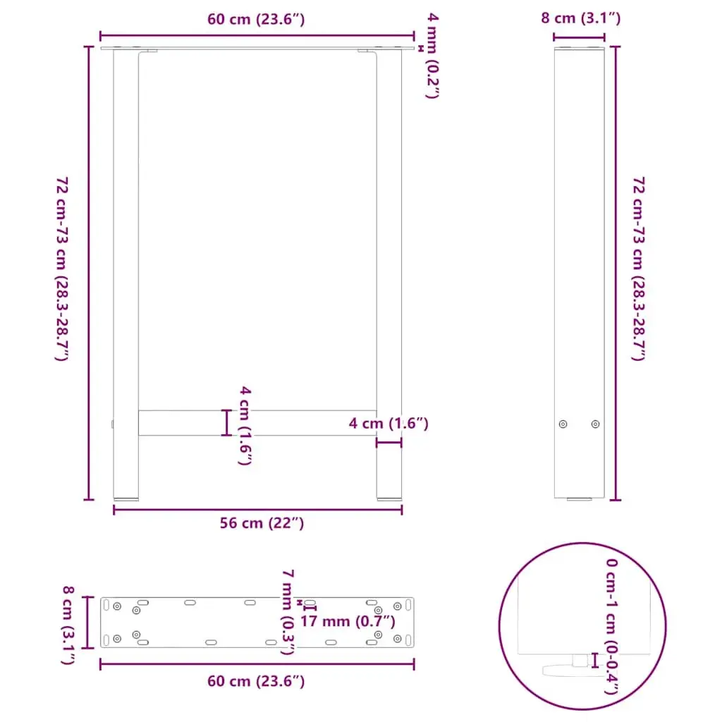 Dining Table Legs Adjustable Levelers Square Black Steel 60x72-73cm Pair