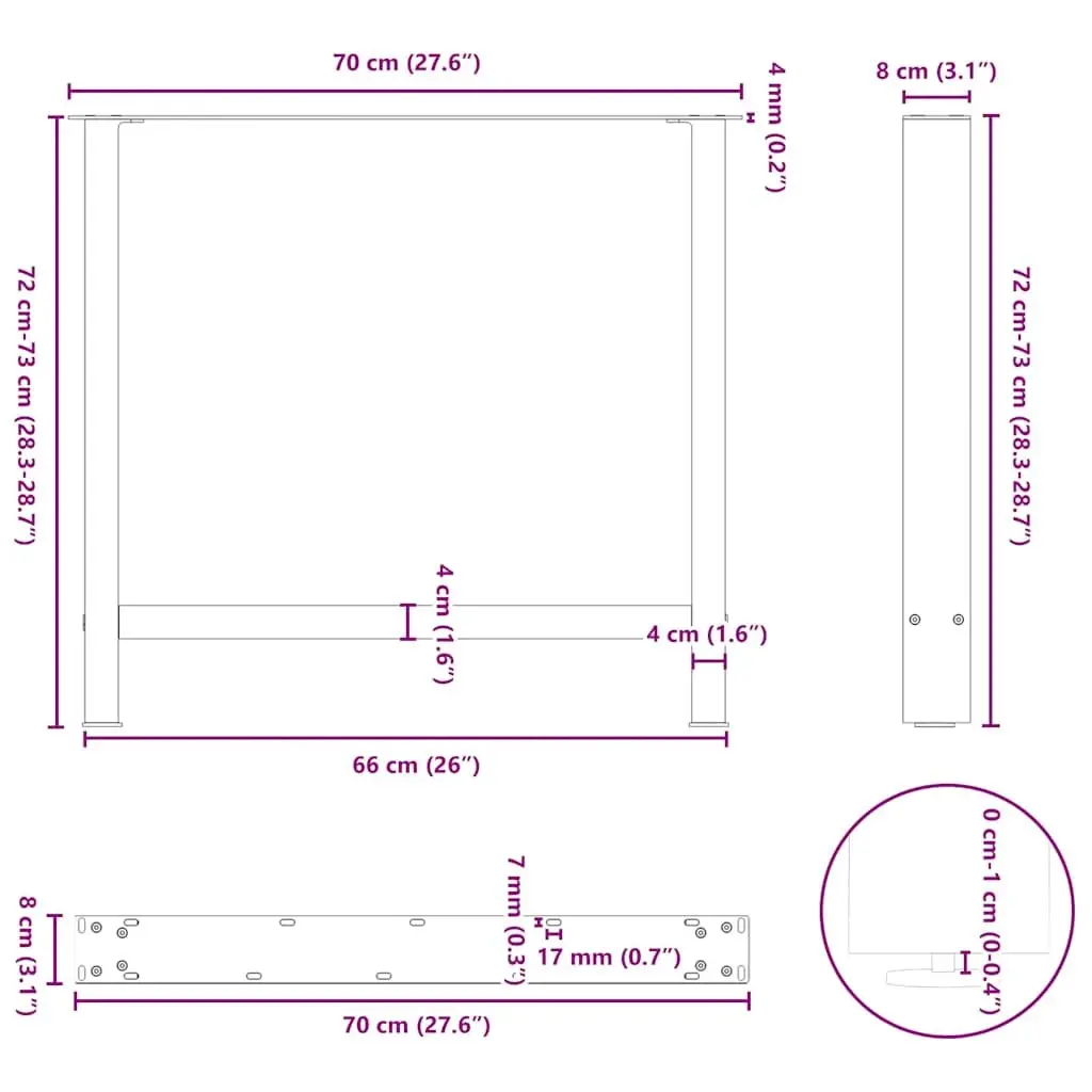 Dining Table Legs Black Steel Pair 70x72-73cm Square Design Adjustable Levelers