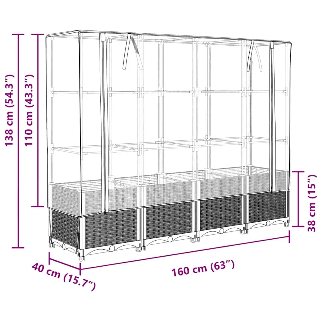 Garden Bed with Greenhouse Rattan Effect 160x40x138cm Black