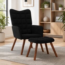 Relaxing Armchair with Footstool Black Velvet Lounge Chair Padded Seating