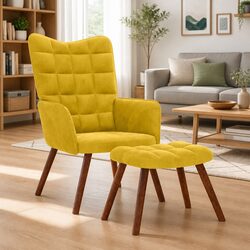 Yellow Velvet Relaxing Chair with Stool Armchair Lounge Seat Footrest