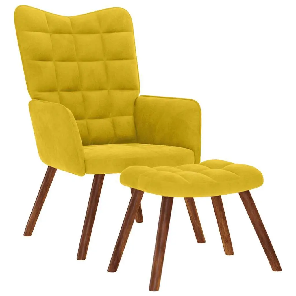 Relaxing Armchair with Footstool Yellow Velvet Lounge Chair Living Room Seat