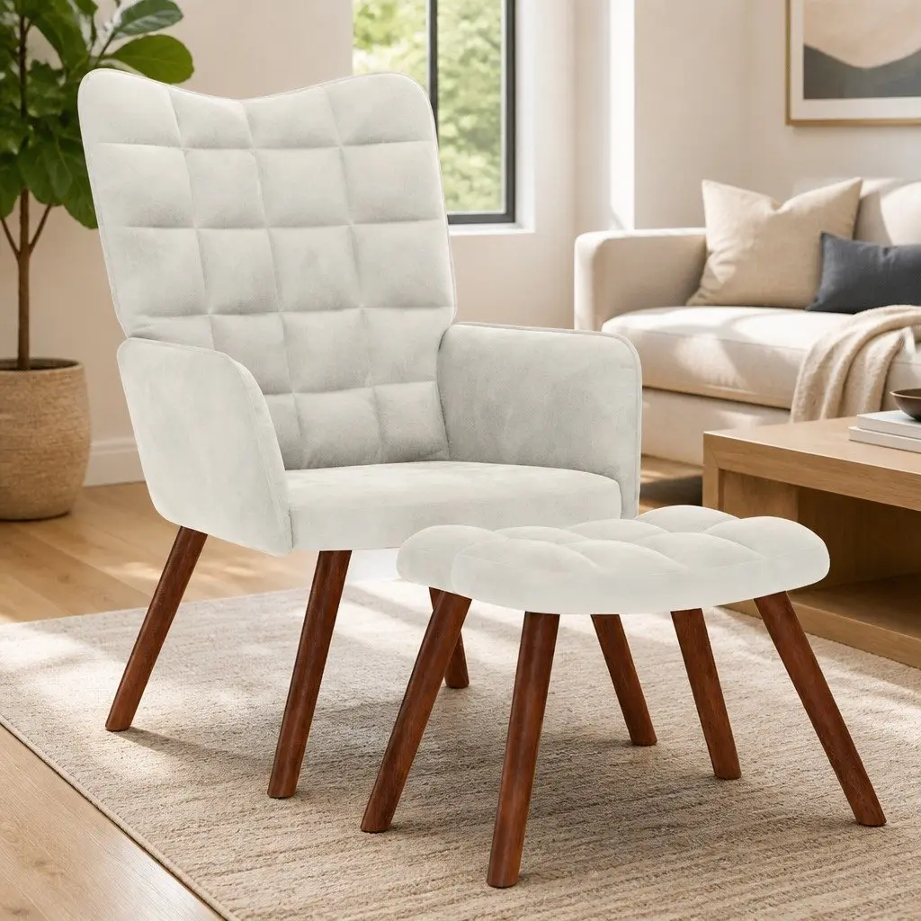 Relaxing Chair Cream Velvet Armchair Lounge Seat with Stool