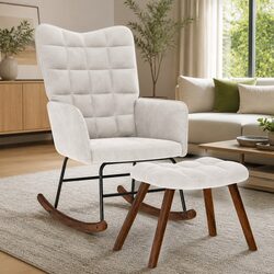 Rocking Chair with Stool Cream Velvet Padded Armchair Lounge Seat Footrest