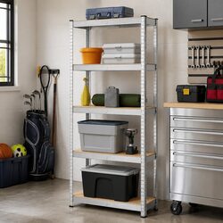 5-Layer Industrial Storage Shelf Steel Frame Engineered Wood Garage Organiser