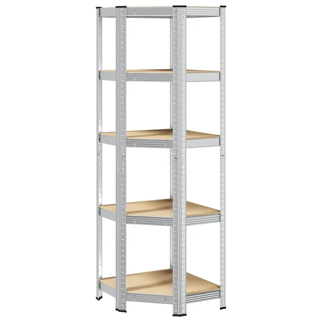 5-Layer Corner Shelf Storage Rack Steel Frame Engineered Wood Industrial