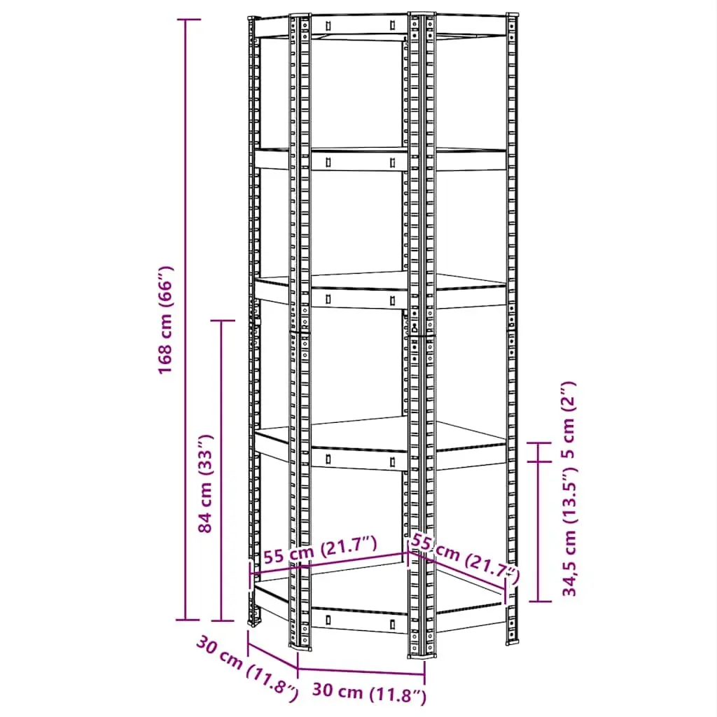 5-Layer Corner Shelf Storage Rack Steel Frame Engineered Wood Industrial