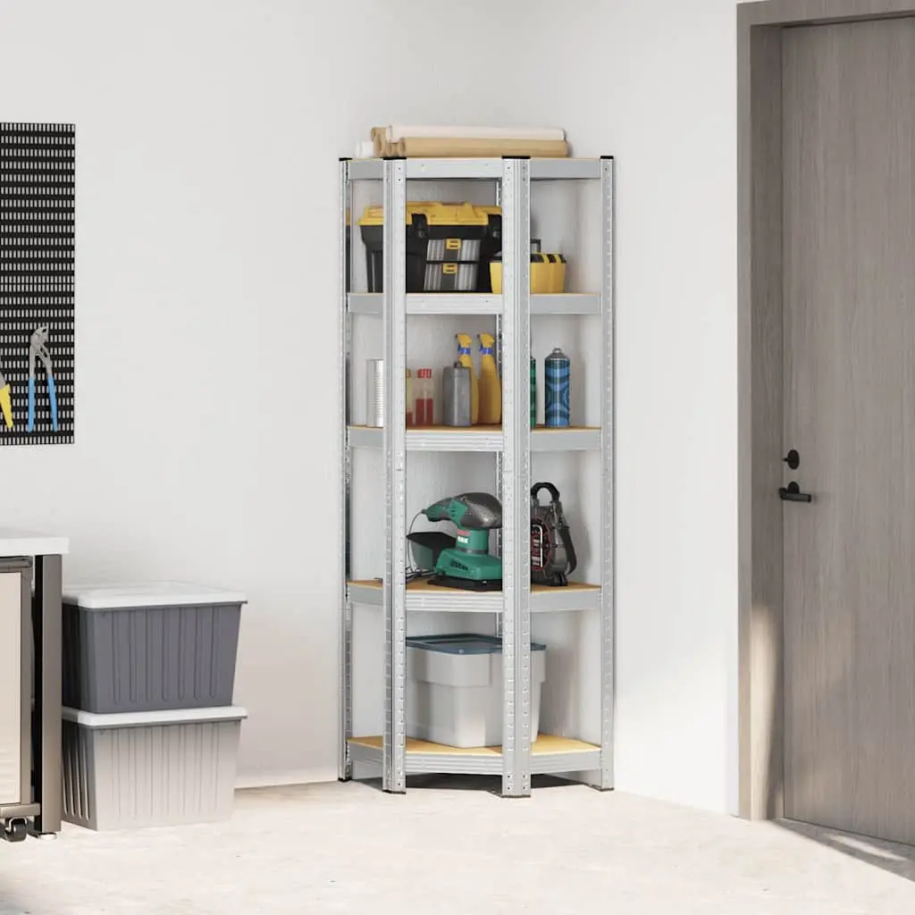 5-Layer Corner Shelf Storage Rack Steel Frame Engineered Wood Industrial