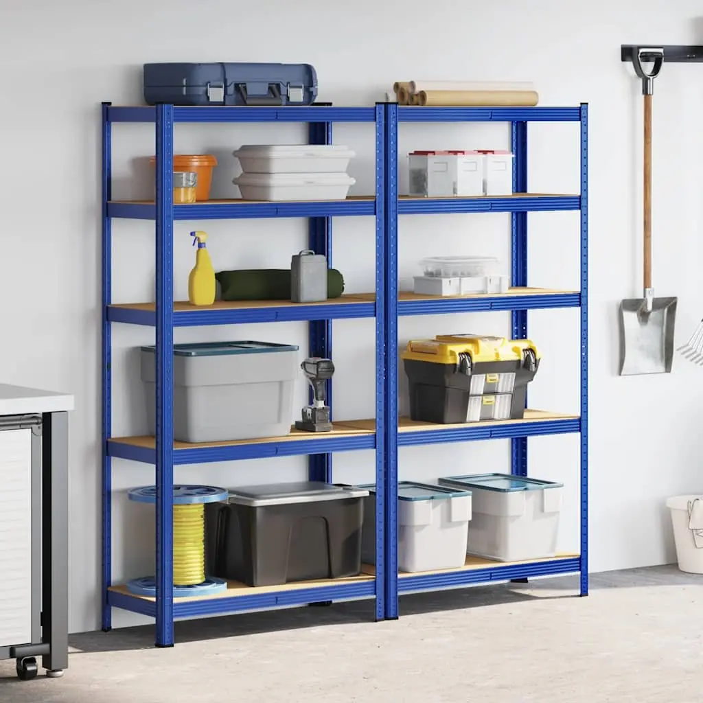 Industrial Storage Shelves Heavy-Duty Blue Steel Engineered Wood 5-Layer 2 Pack