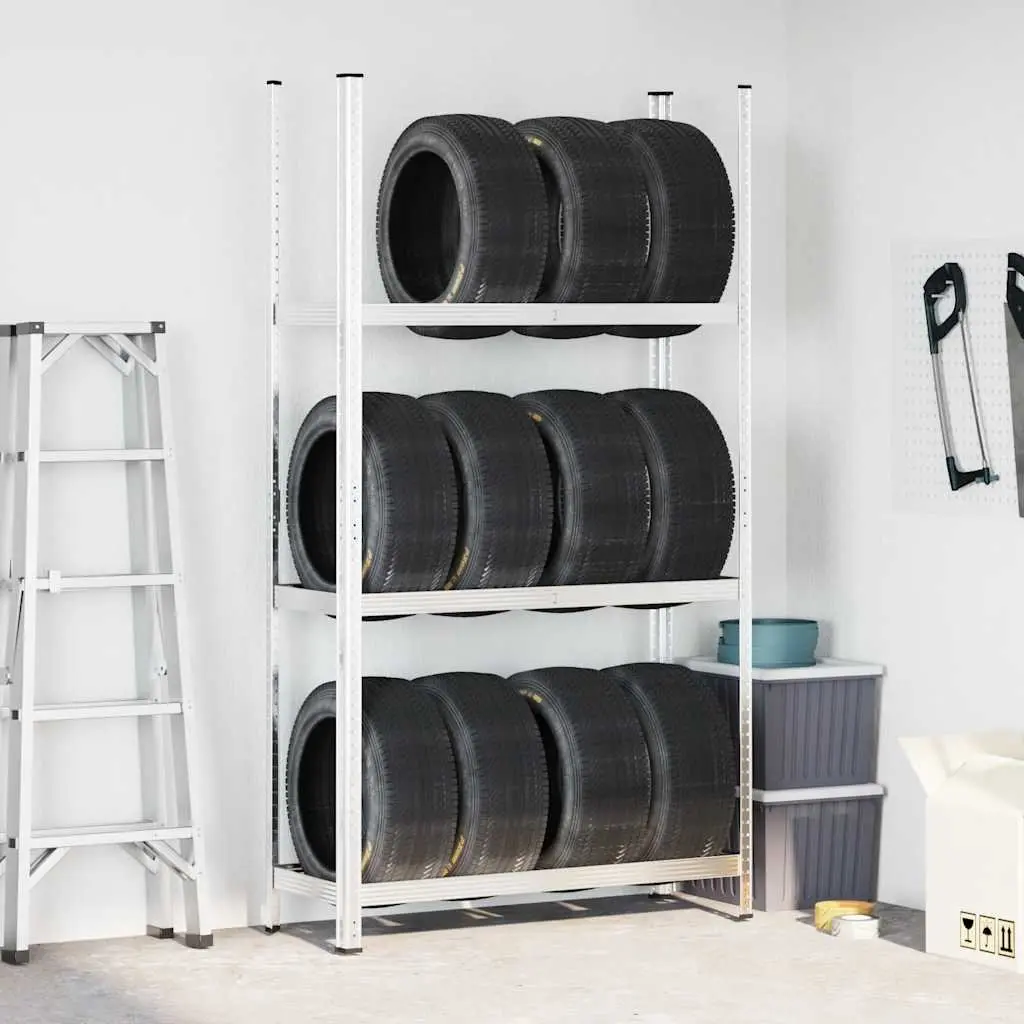3-Layer Tyre Shelf Silver Steel 110x40x200cm Garage Storage Industrial Shelving