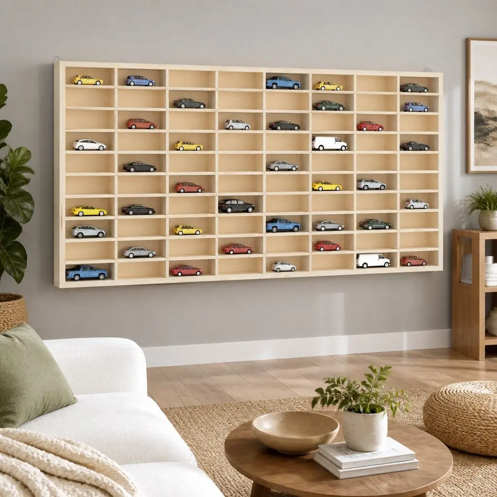 Wooden Wall Mounted Display Case 80 Compartments Brown 80x4.5x40.5 cm