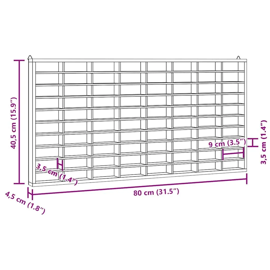 Wooden Wall Mounted Display Case 80 Compartments Brown 80x4.5x40.5 cm