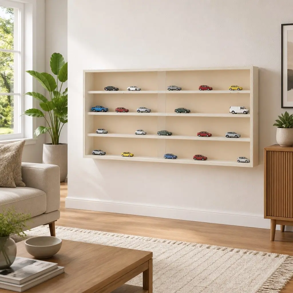 Wooden Wall Mounted Display Case with Doors 4 Shelves