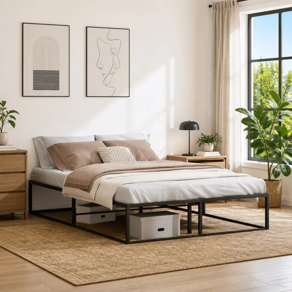 Metal Bed Frame Slatted Base 137x187 cm Black Storage Space