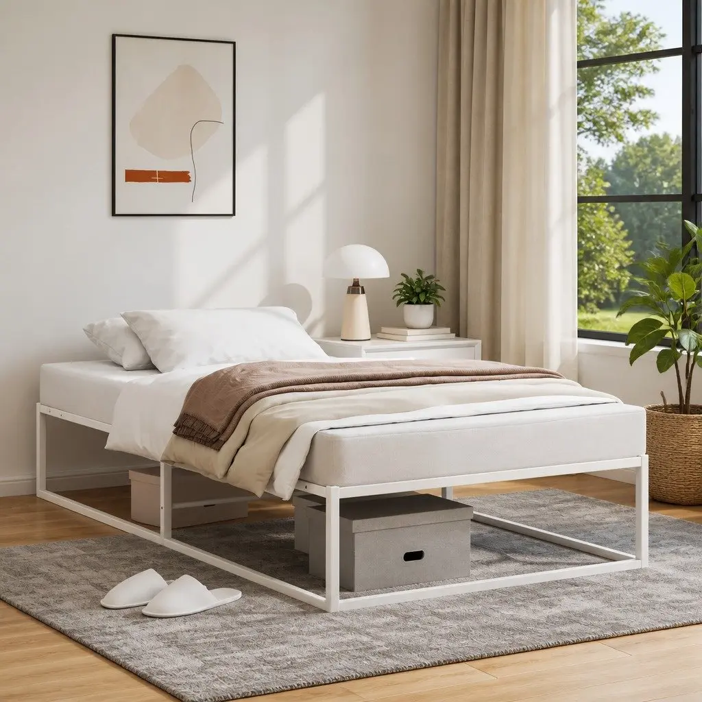 Metal Bed Frame White 92x187 cm Slatted Base with Under-Bed Storage