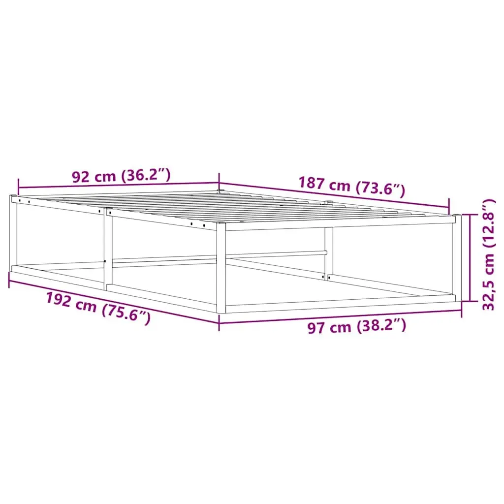 Metal Bed Frame White 92x187 cm Slatted Base with Under-Bed Storage