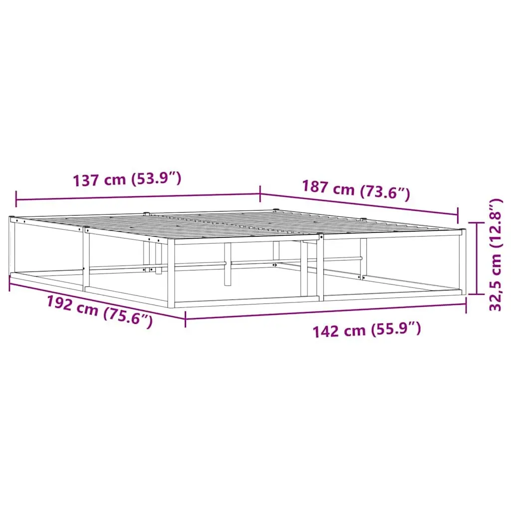 Double Metal Bed Frame White 137x187 cm Slatted Base Storage Bedroom Furniture