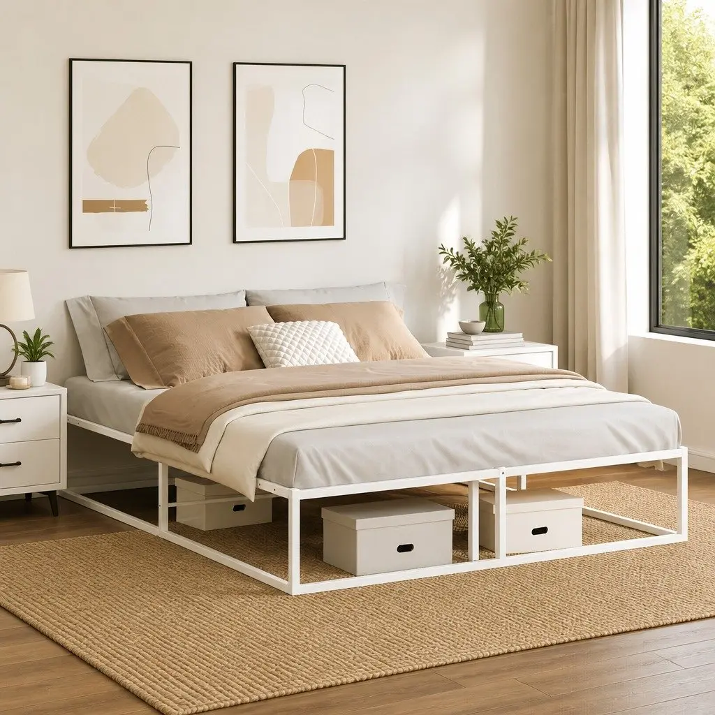 Metal Bed Frame Slatted Base White 153x203 cm
