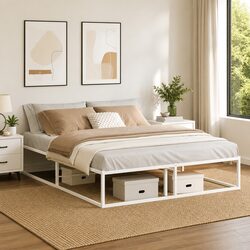 Queen Metal Bed Frame 153x203 cm Slatted Base White Bedroom Furniture