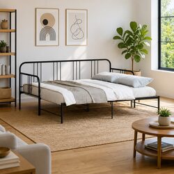 Daybed with Trundle Single Metal Frame Black 92x187 cm Sofa Bed Guest Sleep