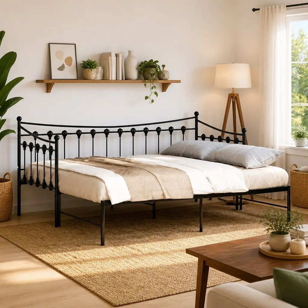 Daybed with Trundle Metal Frame Black 92x187cm