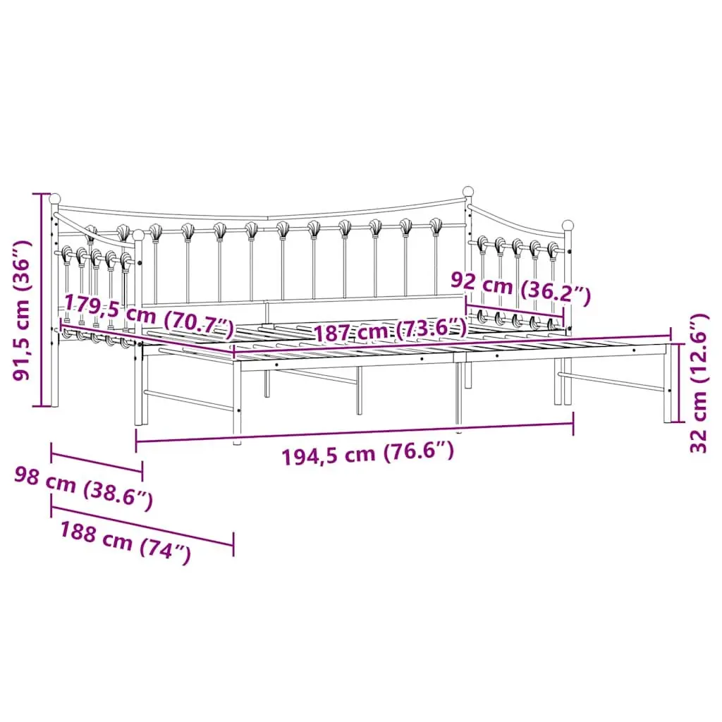 Daybed with Trundle Metal Frame Black 92x187cm