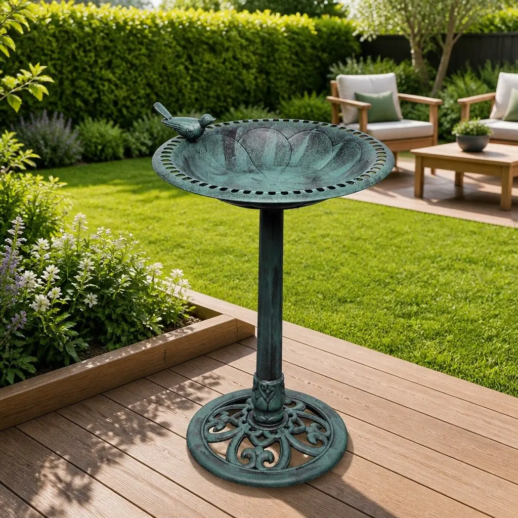 Bird Bath Decorative Green Outdoor Patio Balcony Water Basin with Bird